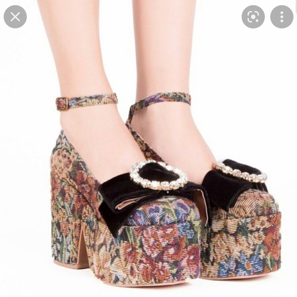 JEFFREY CAMPBELL NAYA BOW PLATFORMS VERY RARE TAPESTRY BROCADE W/ANKLE STRAP 8